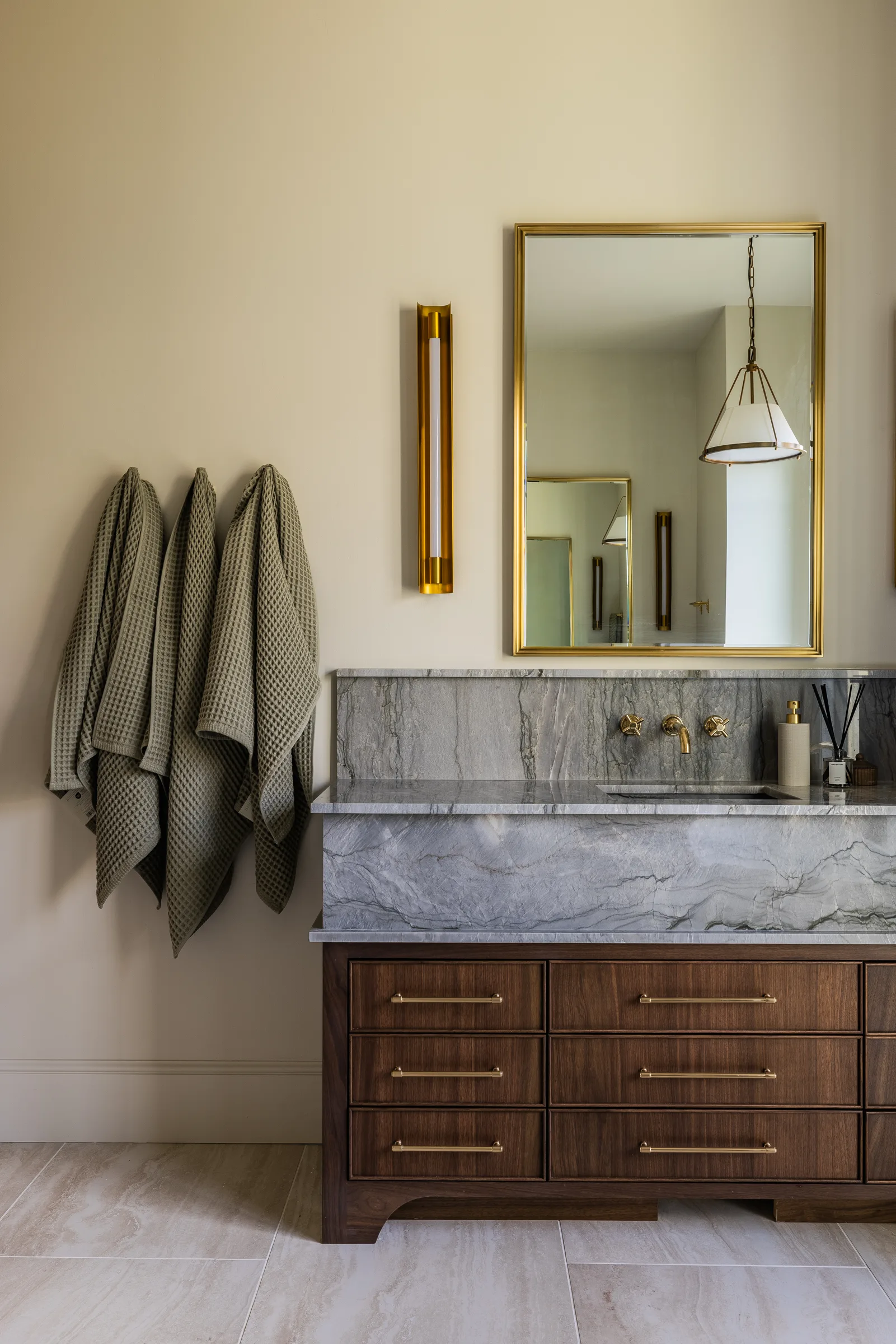 Walnut vanity in soft light