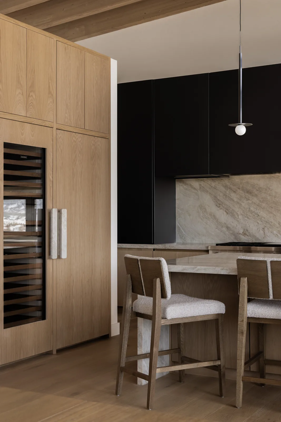 Kitchen island and chairs, editorial flash photography