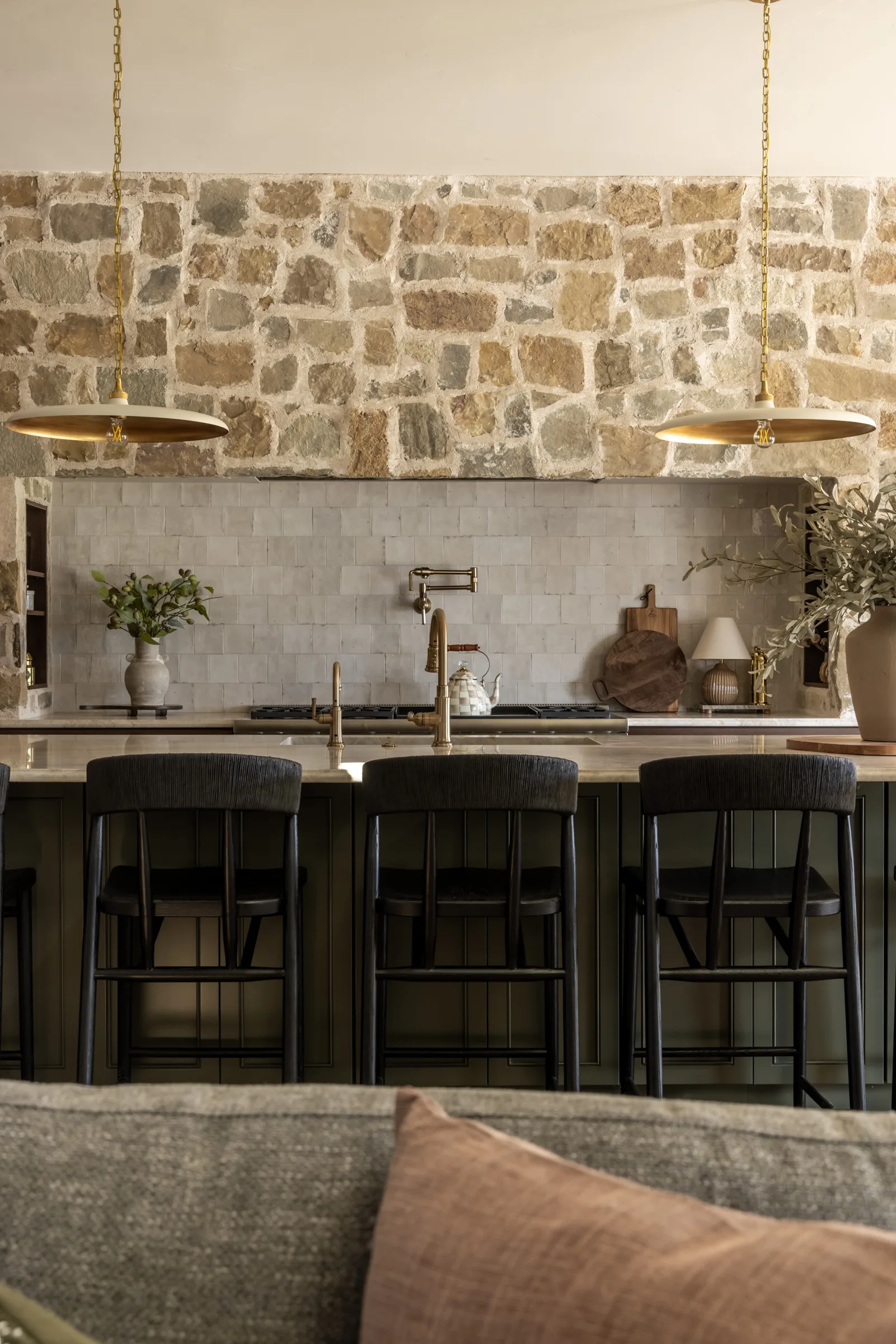 Stone bar with backlit shelving, custom home, Mapleton